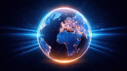 Obraz premium A vibrant depiction of Earth illuminated by glowing lines, showcasing continents and an aura of light, symbolizing global connectivity and innovation.