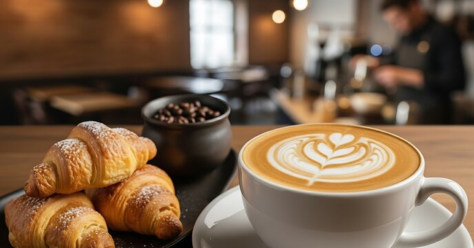 Freshly baked croissants and artfully crafted latte coffee in cozy cafe