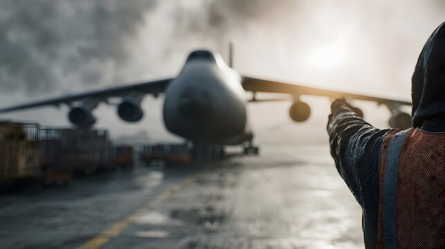 Airport ground crew guides a massive cargo plane on a wet runway under an overcast sky reflecting essential aviation ope ns