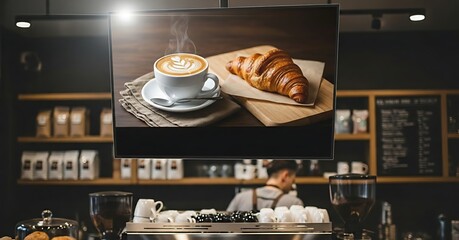 Cozy coffee shop scene with latte and croissant on a wooden table