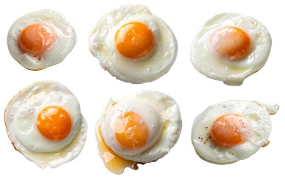 Six perfectly fried eggs with bright yellow yolks are arranged on a transparent background. Each egg features a glossy white and a unique angle, emphasizing freshness.