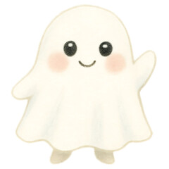 Cute cartoon ghost isolated on white background. Hand drawn illustration. Cute Waving Ghost Halloween Illustration