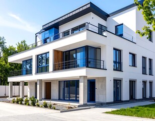Fototapeta premium Modern white apartment building on sunny day