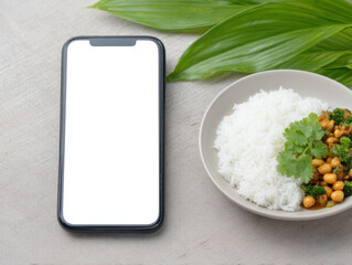 Fototapeta na wymiar Food delivery online order, Smartphone rice chickpea food delivery online order plate cilantro green leaf healthy vegetarian meal table technology