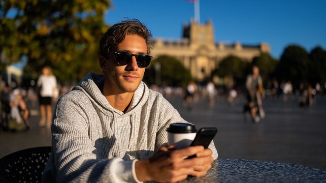 Young man wearing stylish sunglasses checking smartphone while sipping takeaway coffee at outdoor café in busy city plaza, symbolizing urban lifestyle, digital connectivity, and modern youth culture