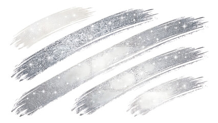 silver glitter brushstroke PNG set with sparkling textures, shiny metallic strokes, artistic decoration, isolated on transparent background