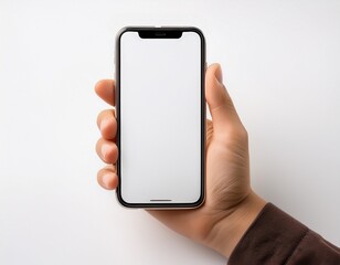 hand holding a modern smartphone with blank white screen on white background hand