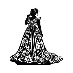 Black silhouette of a woman in a long floral patterned dress with her hand near her mouth female long dress