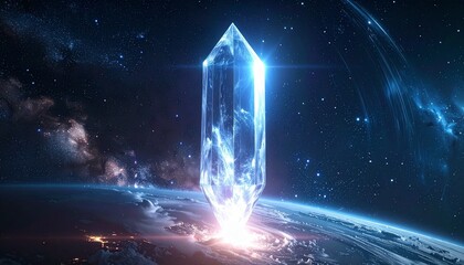 A colossal crystal monolith suspended in orbit, pulsing with radiant energy against a backdrop of swirling constellations. 