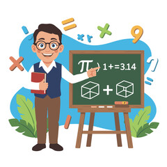 A smiling male teacher pointing at a blackboard with math equations and geometric shapes, isolated on white background technology background