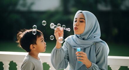 Woman in Light Blue Hijab Blowing Bubbles with Child Outdoors in Green Park