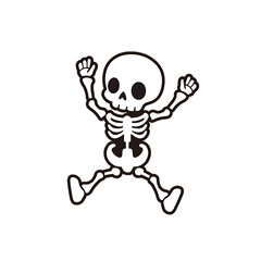 Playful cartoon skeleton jumping with arms raised against a solid black background