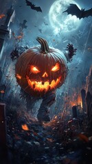 Obraz premium Eerie halloween pumpkin monster with glowing eyes in a spooky graveyard scene