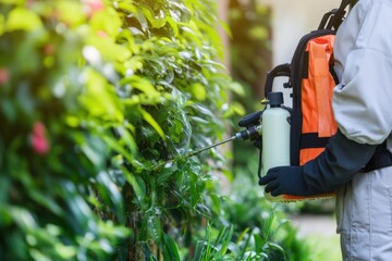 Obraz premium A professional spraying pesticide along the perimeter of a house to prevent ants and cockroaches 