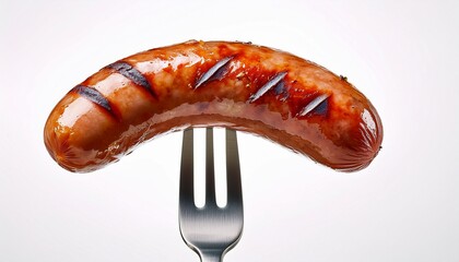 a delicious grilled sausage is held by a shiny silver fork isolated on a white background for use as a clean