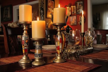 Decorative candle holders on a dining table.