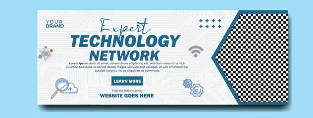 Modern technology network event featuring a confident man in a blue futuristic design with abstract elements