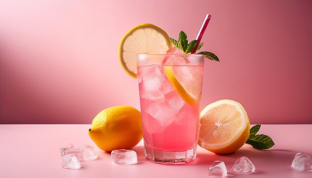 refreshing pink lemonade drink with ice cubes and lemon slices on pink background