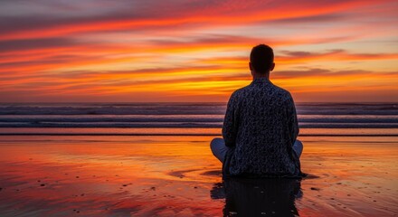 Person meditating on a beach at sunset with vibrant orange sky