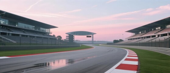 Race track with grandstands and a clear sky at dusk