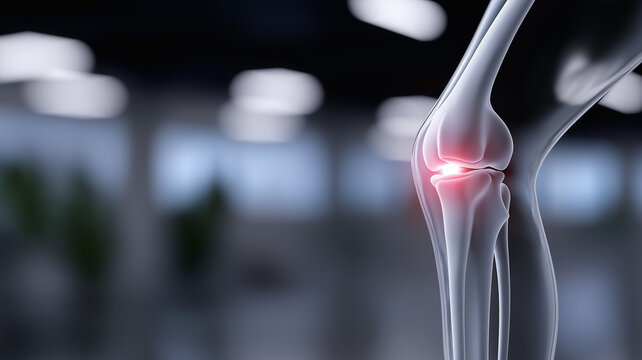 Anatomical medical illustration of arthritic knee joint with inflammation, meniscus injury, cartilage thinning and swelling in a realistic healthcare background for orthopedic education and awareness