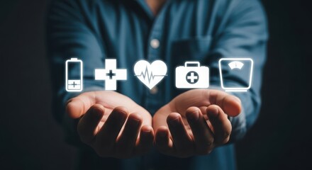 Person holding medical health icons in open hands concept