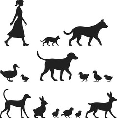 Silhouette of woman walking dog, cat, duck, bunny, animals on leash, pet care concept, black white animal vector art