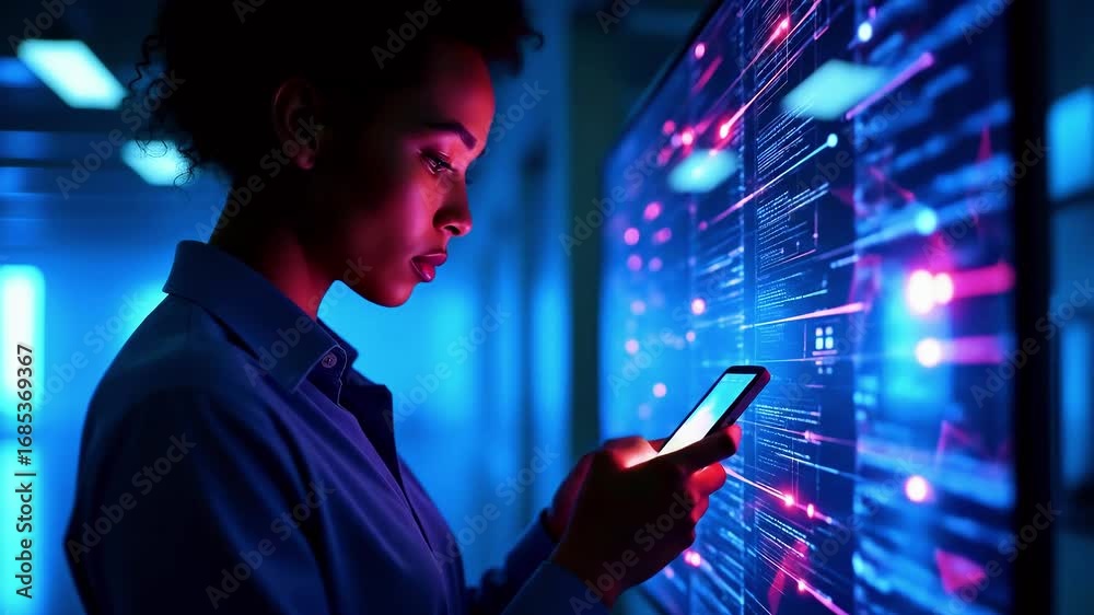 Wall mural focused woman using smartphone while interacting with vibrant digital data display in a tech environ