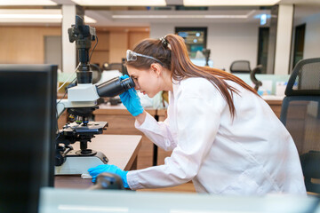 Scientist examines samples using a microscope in a modern laboratory setting