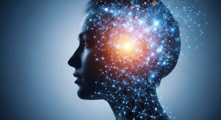 Abstract digital human head silhouette with glowing neural network