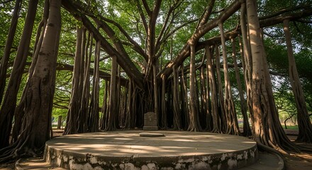 Majestic banyan trees with tangled roots and hanging vines, creating a natural arch in a sacred forest.