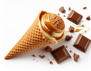 ice cream cone with chocolate chunks and caramel on white background