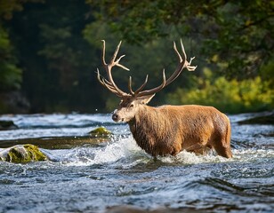 majestic stag wading through turbulent waters with forest backdrop