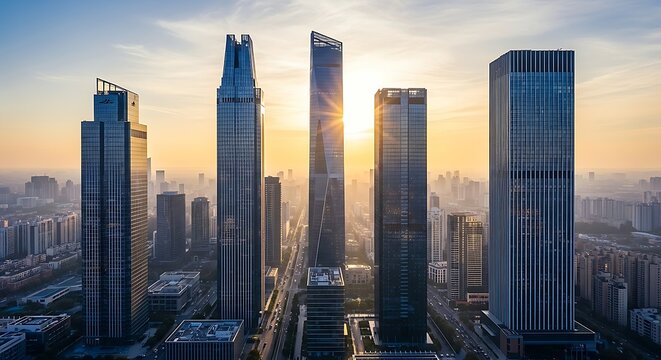 An Aerial View Of Modern City Skyscrapers And Urban Landscape Under A Warm Sunset Sky With Golden Light Reflecting Off Glass Facades.