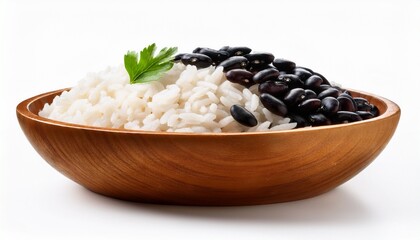rice and black beans in wooden bowl on white background