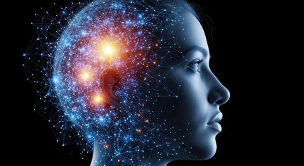 Abstract digital human head silhouette with glowing neural network