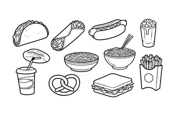 Collection of black and white line art fast food and snack illustrations taco burrito