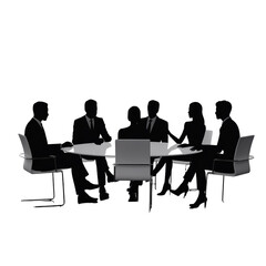 A minimalist black and white silhouette illustration of a business meeting.Isolated on a  transparent background .
