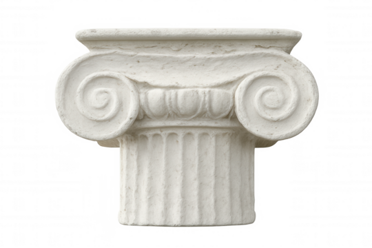 Transparent background architectural detail of an ionic order column capital with volutes, ideal for seamless integration into designs
