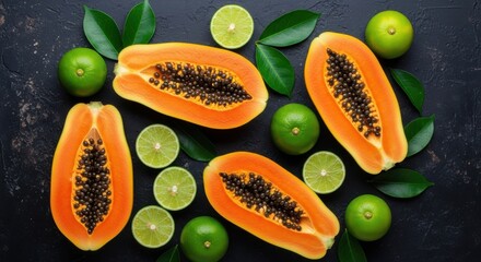 Fresh papaya halves and whole limes arranged with green leaves on a dark textured surface