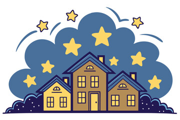 Three cartoon houses sit beneath star filled clouds in a dreamy night