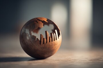 Carved Wooden Globe Reveals an Inner City Skyline in Soft, Moody Light.