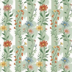 Floral Wallpaper with Vertical Sage Green Stripes, Pastel Wildflower Garlands, Watercolor Style, Repeating Pattern
