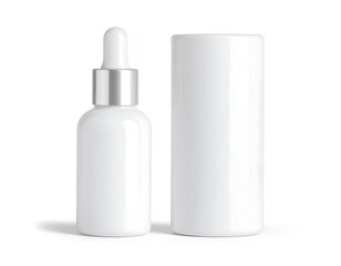 Minimalist white dropper bottle and cylindrical packaging for luxury skincare or cosmetics