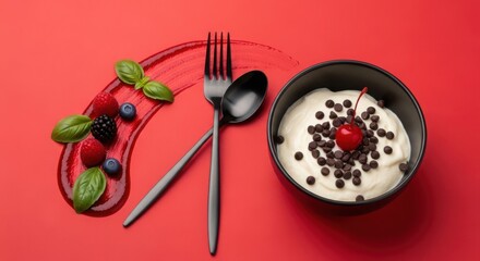 Delicious dessert with berries and chocolate chips on a red background
