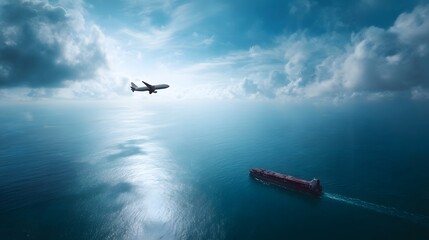 Aerial view of a passenger airplane soaring above a large cargo ship navigating the open ocean under a bright partly cloudy sky symbolizing global
