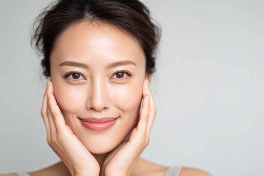 Close-up portrait of a woman with a radiant, healthy complexion, showcasing a gentle smile and soft, natural lighting.
