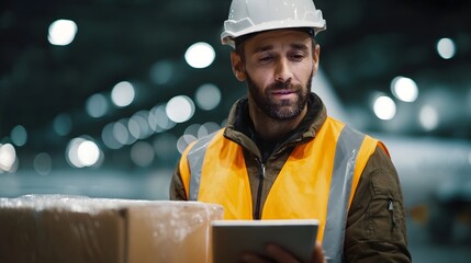 Focused male worker in a safety hardhat and high visibility vest uses a digital tablet for logistics management and inventory checking in a modern