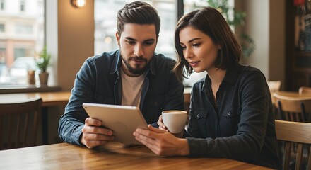 Young couple sitting in a cafe, looking at a digital tablet together over coffee.