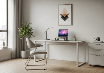 Minimalist home office - clean desk setups with laptop, notebook, plants, neutral lighting